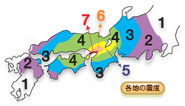 兵庫県南部地震による各地の震度分布